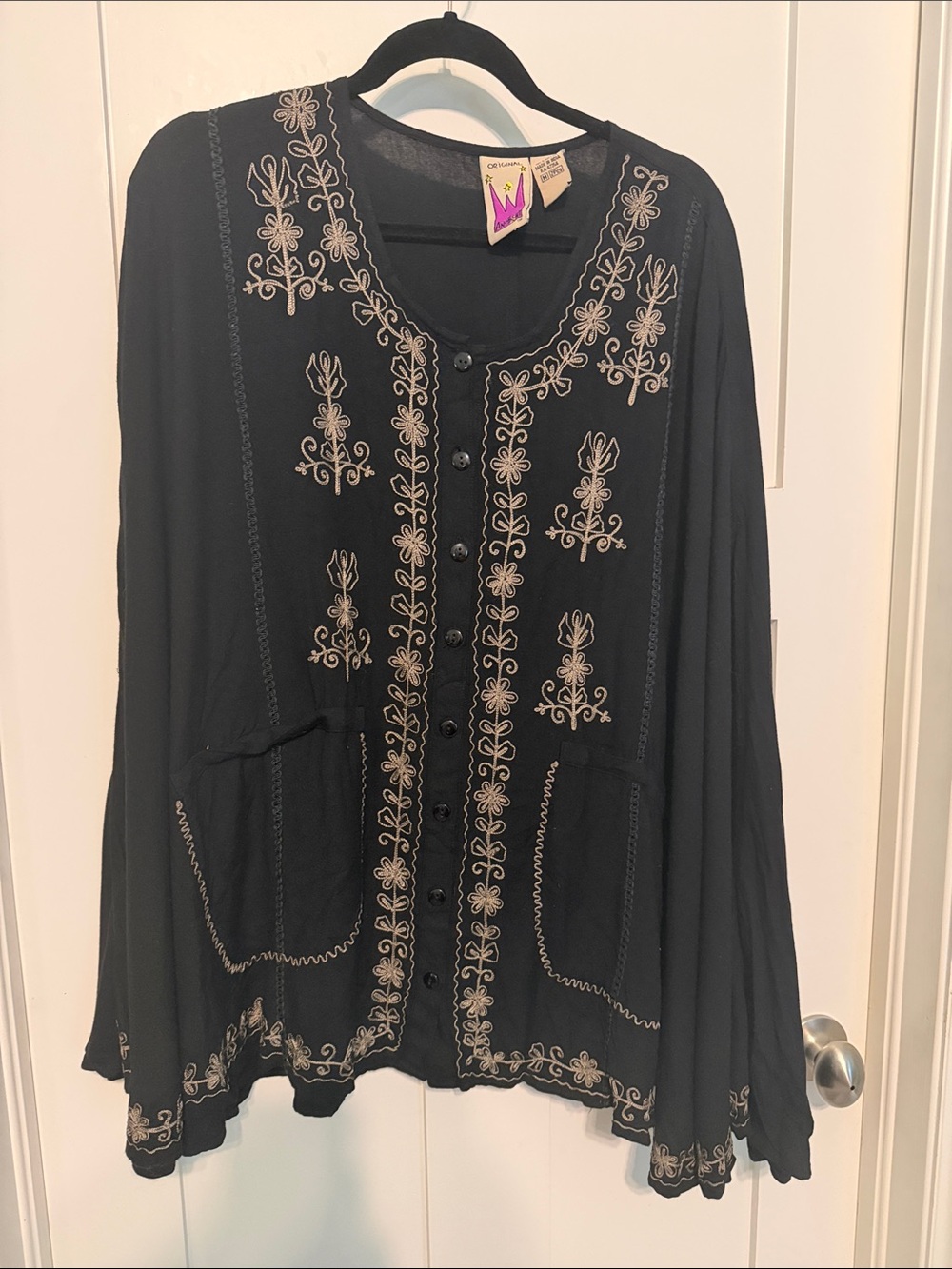 Vintage Original Antthony Cape Style Boho Embroidered Black Tunic Oversized M